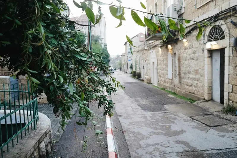 Une rue étroite en pierre de Jérusalem sous les arbres